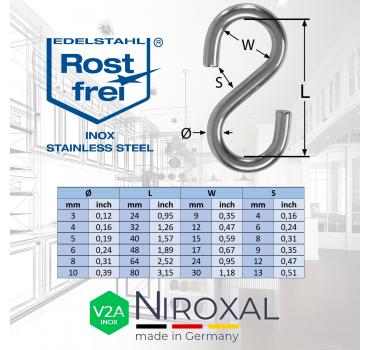 Symmetrische S-Haken rostfrei aus V2A Edelstahl zum aufhängen sichern dekorieren