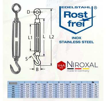 Edelstahl Spannschloss mit Haken und Öse rostfrei aus V4A nach DIN 1480 1478