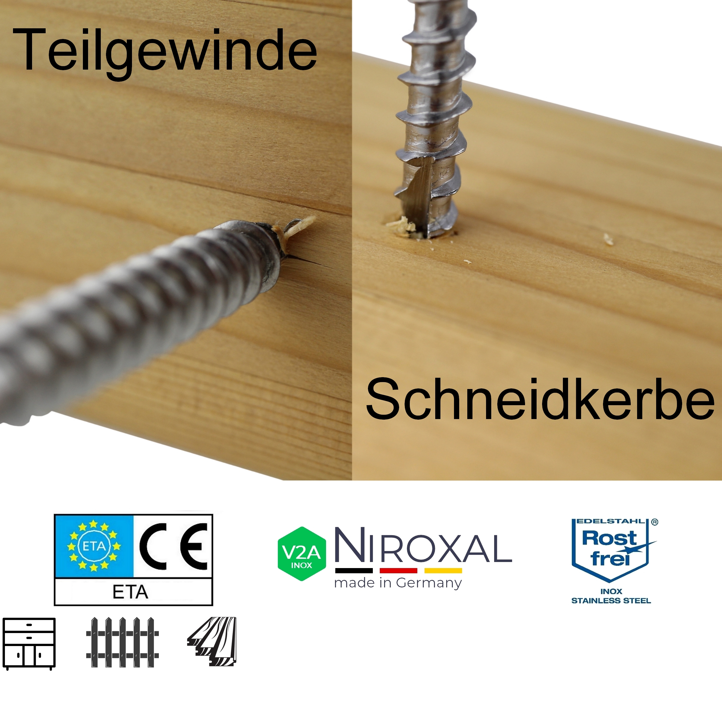 Niroxal Edelstahl Schrauben SPARSET TORX Senkkopf UND Schneidkerbe Schraube  für Holz - Niroxal Edelstahl made in Germany