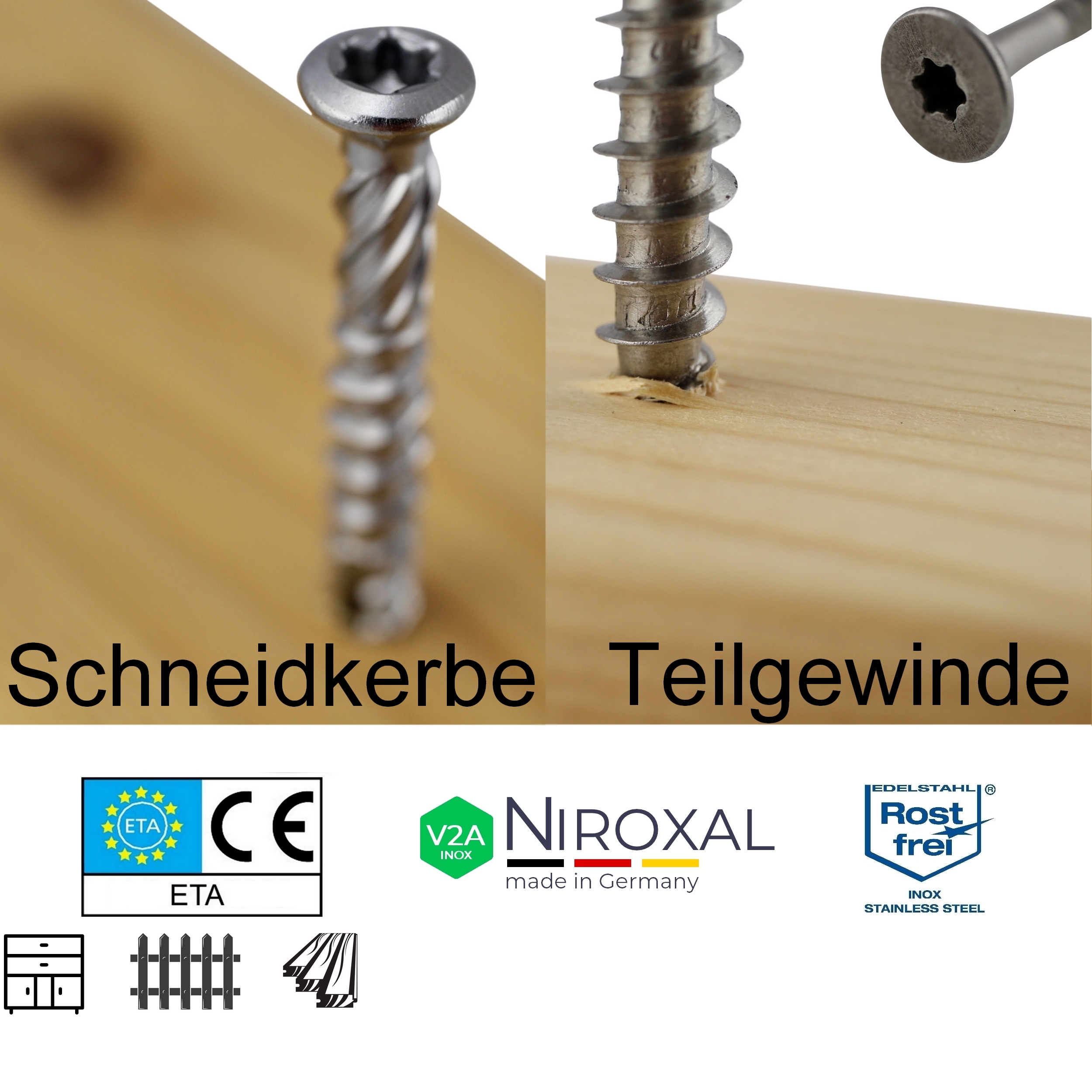 Niroxal Edelstahl Schrauben SPARSET TORX Senkkopf UND Schneidkerbe Schraube  für Holz - Niroxal Edelstahl made in Germany