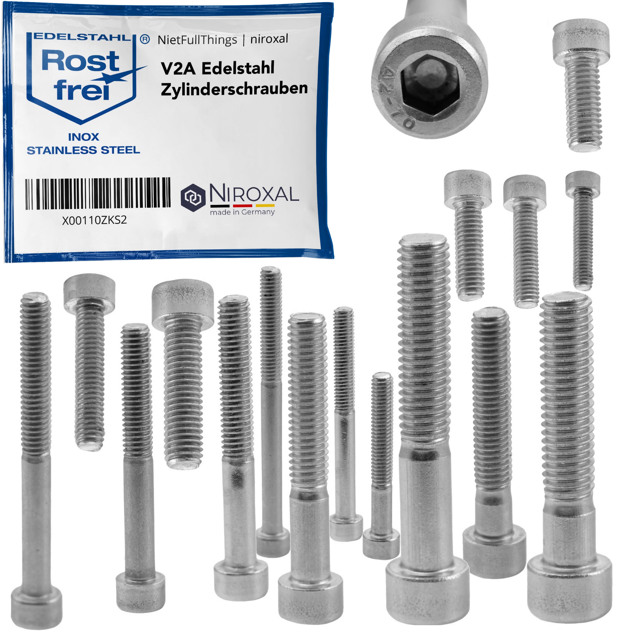 Zylinderkopfschrauben M6 und M8 mit Innensechskant aus V2A Edelstahl  rostfrei - Niroxal Edelstahl made in Germany