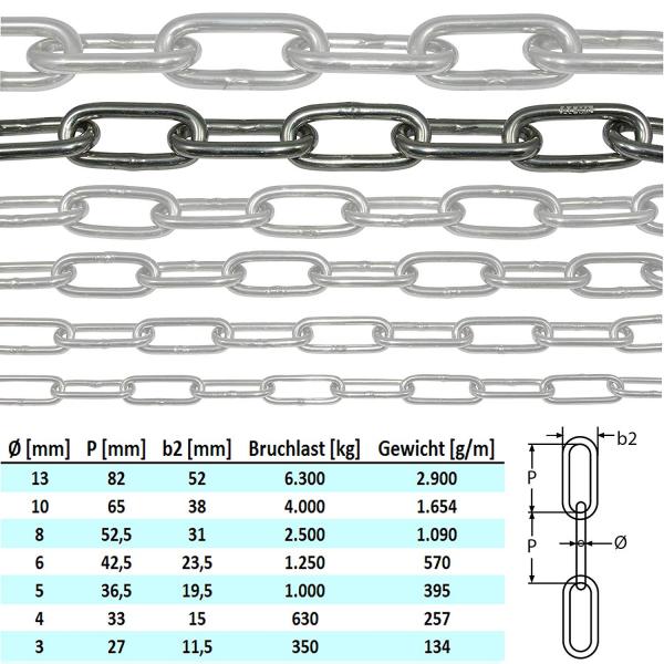 Edelstahlkette V4A langgliedrig vers. Größen - Ankerkette lang Edelstahl Kette