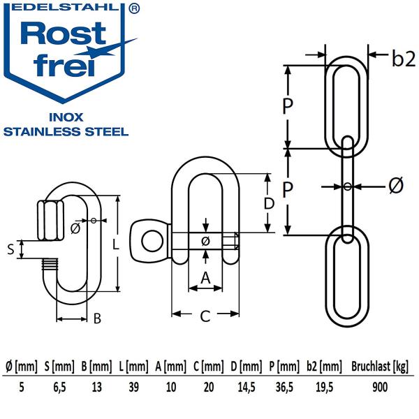 Verlängerungs Kette Edelstahl Bruchlast max 900 kg Schraubverbinder Schaekel V4A Verlängerungs Kette Edelstahl Bruchlast max 900 kg Schraubverbinder Schaekel V4A
