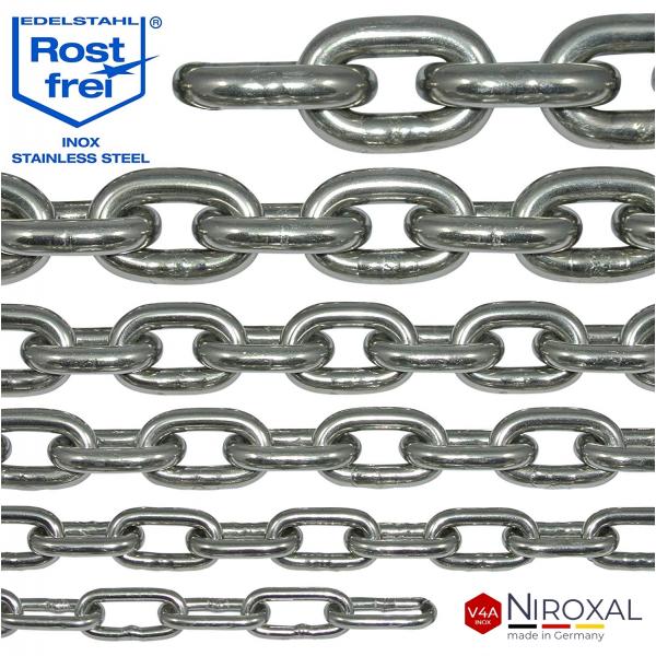 Edelstahlkette V4A kurzgliedrig an einem Stück Ankerkette rostfrei niro inox Edelstahlkette V4A kurzgliedrig an einem Stück Ankerkette rostfrei niro inox