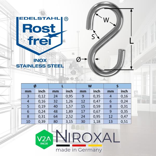 Symmetrische S-Haken rostfrei aus V2A Edelstahl zum aufhängen sichern dekorieren