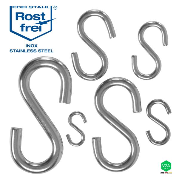 Symmetrische S-Haken rostfrei aus V2A Edelstahl zum aufhängen sichern dekorieren