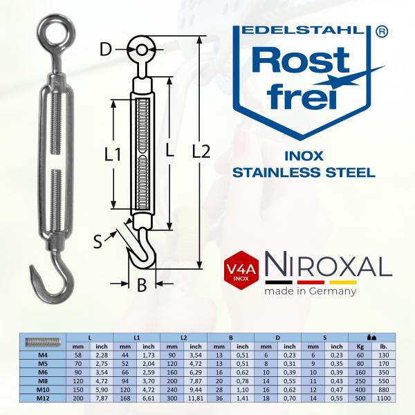 Edelstahl Spannschloss mit Haken und Öse rostfrei aus V4A nach DIN 1480 1478